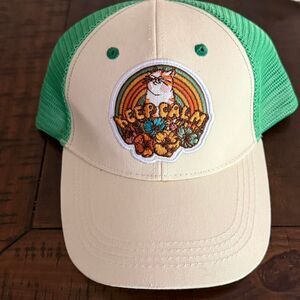 Retro Cat Trucker Hat Cream Green Embroidered Adjustable